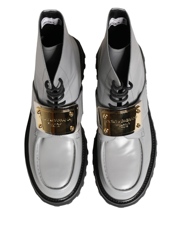 Gray Leather Logo Plaque Ankle Boots Shoes