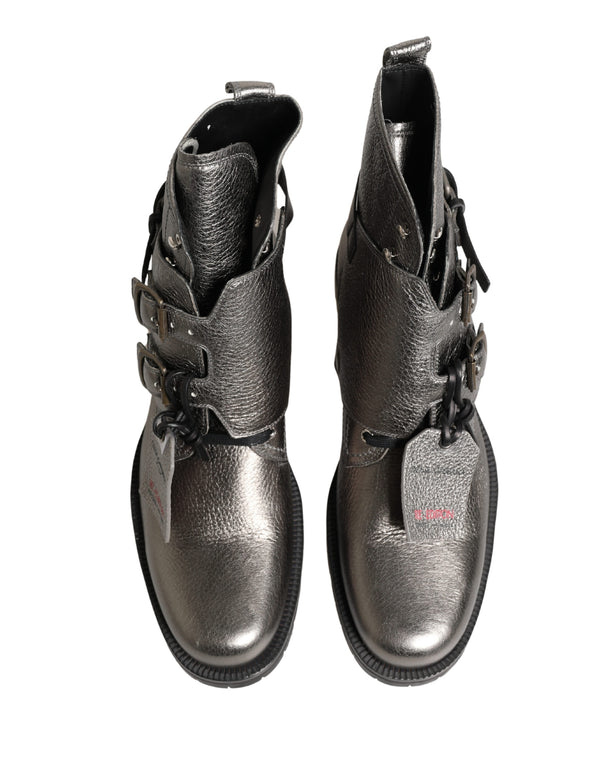 Metallic Silver Leather Buckle Ankle Boots Shoes