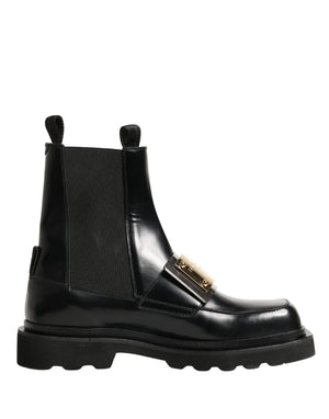 Black Leather Logo Plaque Ankle Boots Shoes