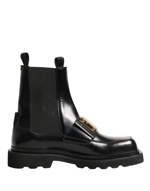 Black Leather Logo Plaque Ankle Boots Shoes