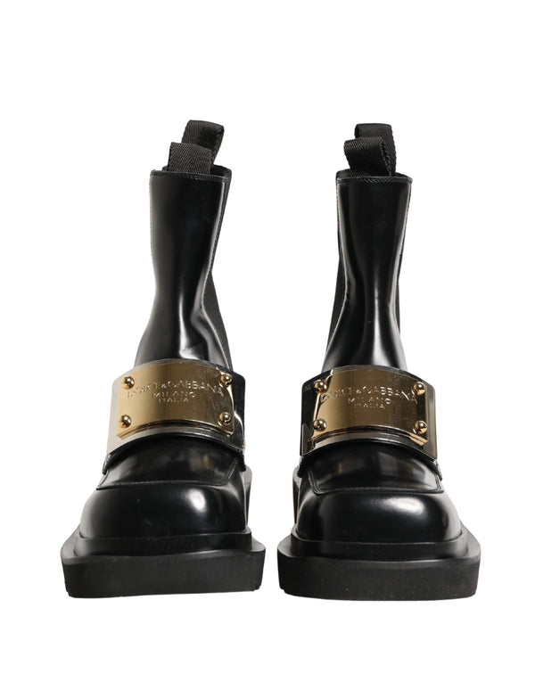 Black Leather Logo Plaque Ankle Boots Shoes