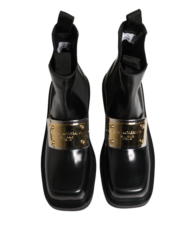 Black Leather Logo Plaque Ankle Boots Shoes