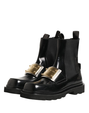 Black Leather Logo Plaque Ankle Boots Shoes