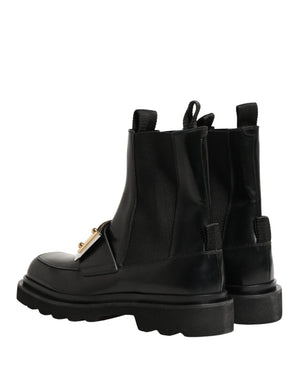 Black Leather Logo Plaque Ankle Boots Shoes