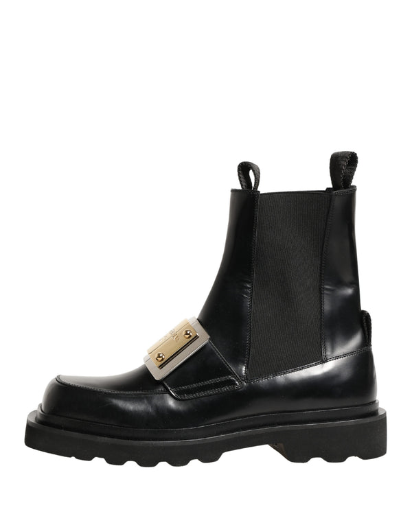 Black Leather Logo Plaque Ankle Boots Shoes