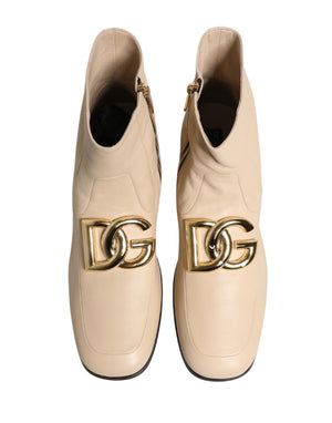 Beige Leather Logo Plaque Ankle Boots Shoes