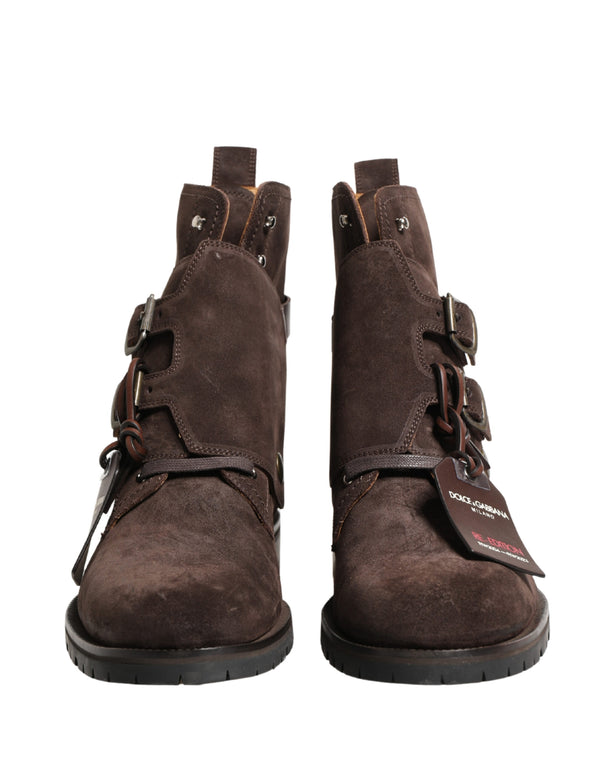 Brown Suede Leather Buckle Ankle Boots Shoes