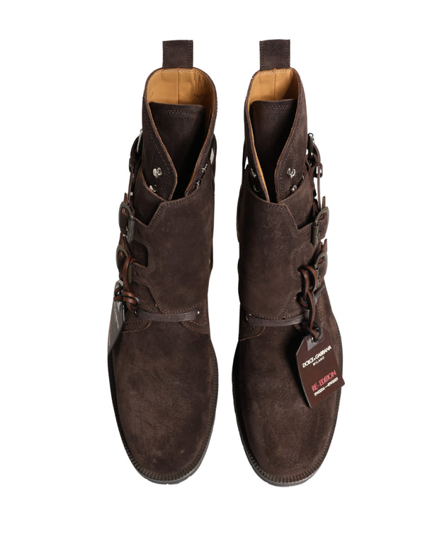 Brown Suede Leather Buckle Ankle Boots Shoes