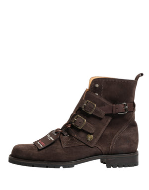Brown Suede Leather Buckle Ankle Boots Shoes