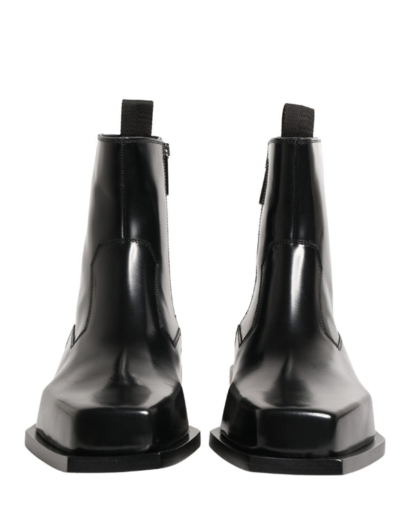 Black Leather Zip Closure Ankle Boots Shoes