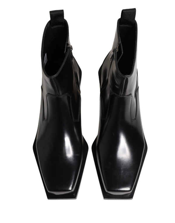 Black Leather Zip Closure Ankle Boots Shoes