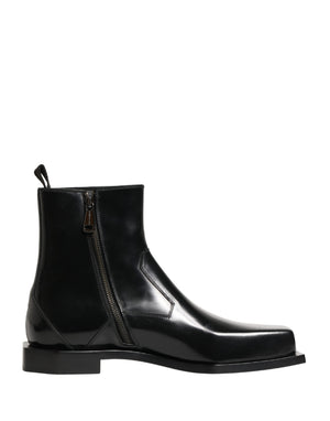 Black Leather Zip Closure Ankle Boots Shoes