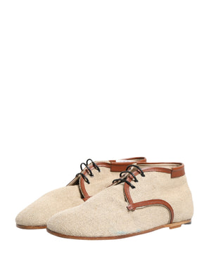 Beige Canvas Leather Trim Dress Derby Shoes