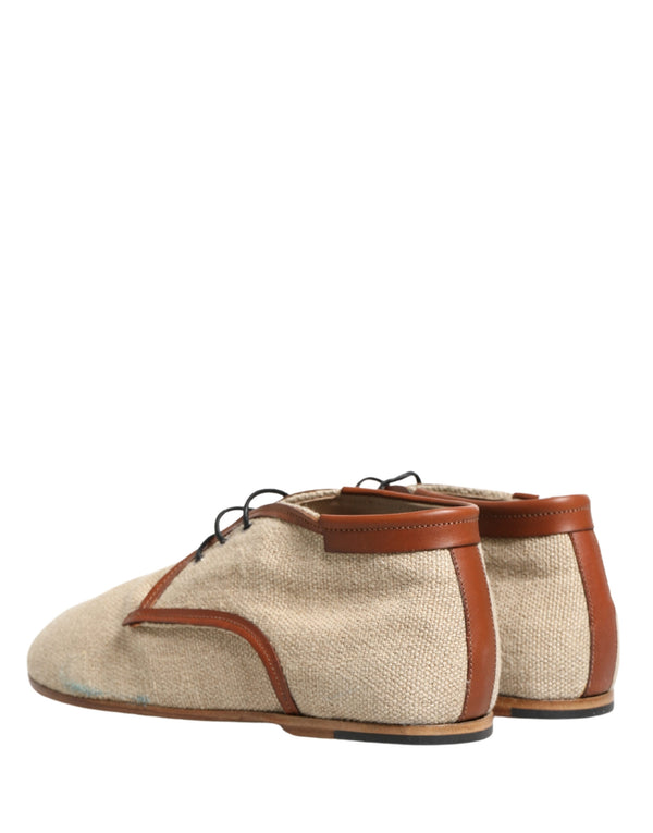 Beige Canvas Leather Trim Dress Derby Shoes