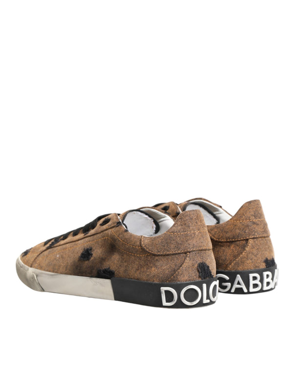 Brown Black Patch Denim Low Top Sneakers Shoes