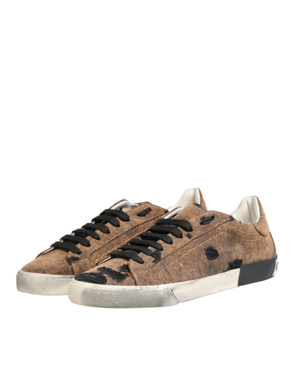 Brown Black Patch Denim Low Top Sneakers Shoes