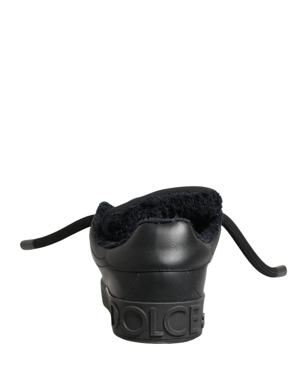 Black Calf Leather Nappa Lace-Up Sneakers Shoes