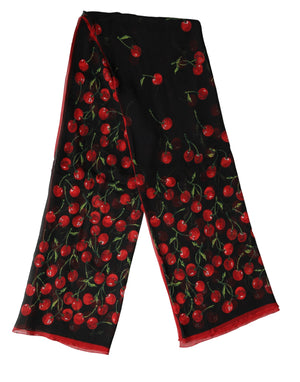 Black Cherry Print Silk Shawl Stole 190cm x 122cm Scarf