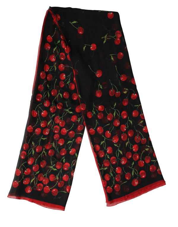 Black Cherry Print Silk Shawl Stole 190cm x 122cm Scarf