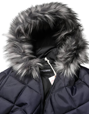 Black Quilted Fur Shearling Hooded  Jacket