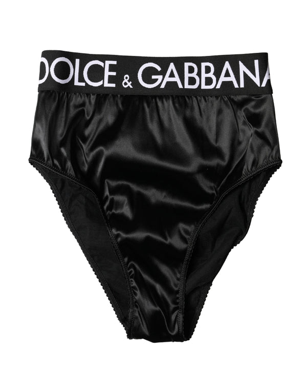 Black Satin High-Waist Brief Logo Women Underwear