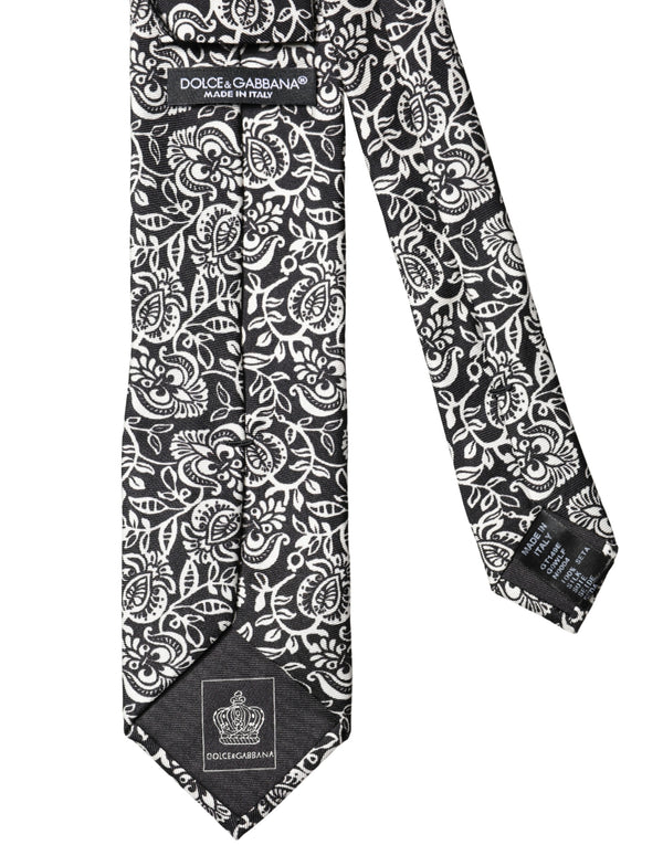 Black White Floral Fantasy Silk Adjustable Necktie Tie
