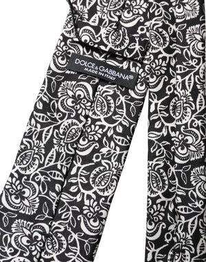 Black White Floral Fantasy Silk Adjustable Necktie Tie