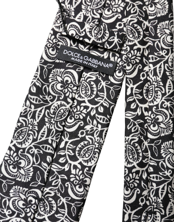 Black White Floral Fantasy Silk Adjustable Necktie Tie
