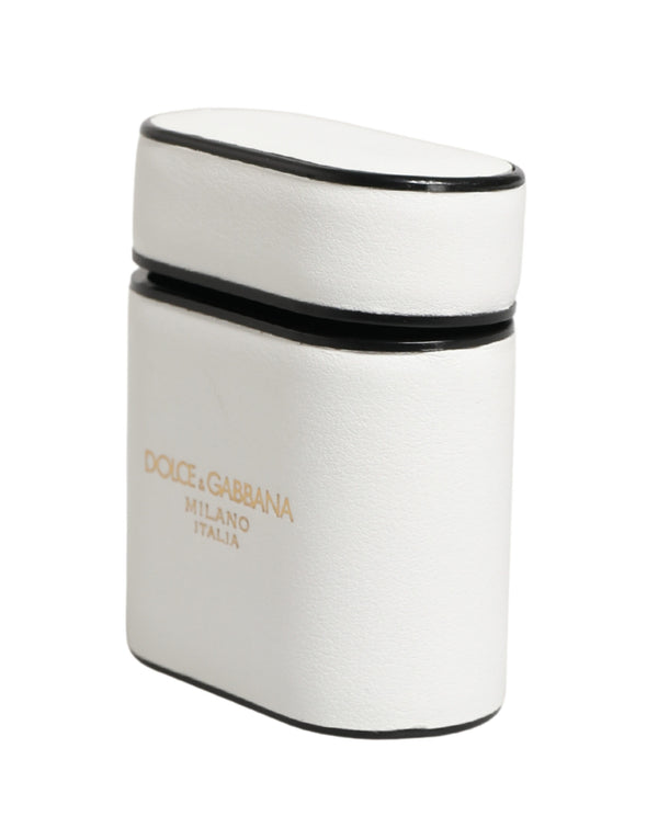 White Calf Leather Logo Print Flip Holder  Airpods Case