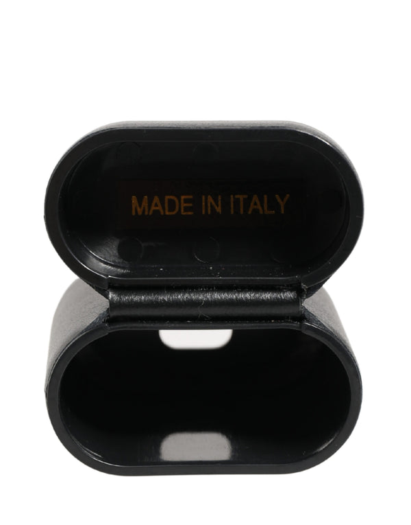 Black Calf Leather Logo Print Flip Holder Airpods Case