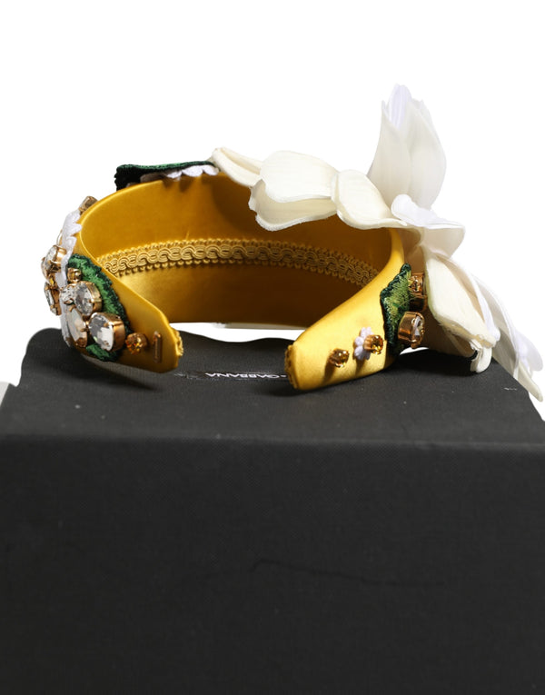 White Yellow Silk Blend Floral Crystals Diadem Headband