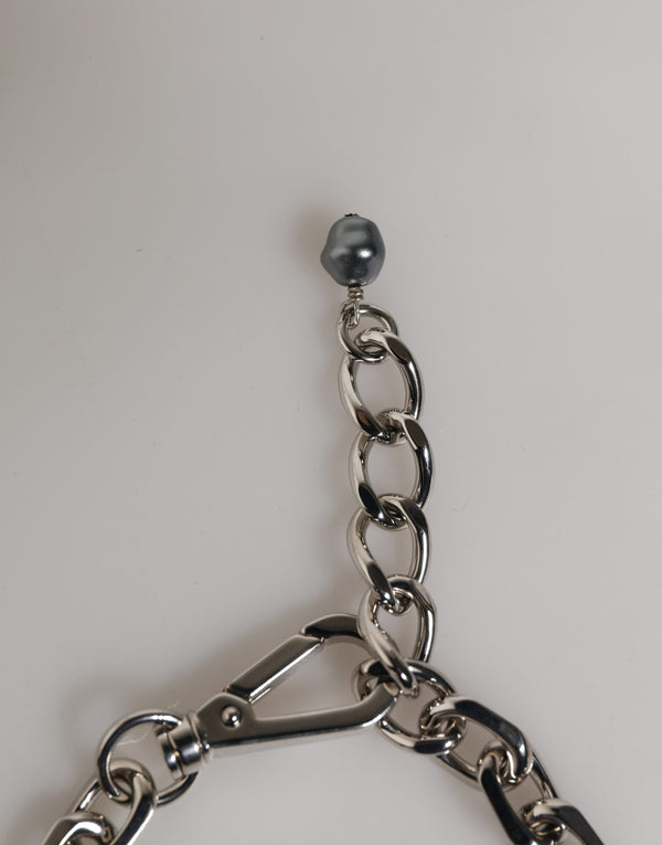Silver Tone Chain Lobster Clasp Logo Gray Pearls Bracelet