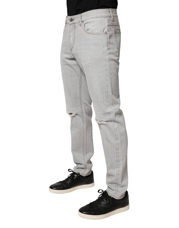 Light Gray Ripped Cotton Regular Denim Jeans