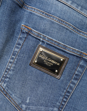 Blue Tattered Skinny Cotton Denim Jeans