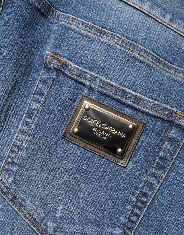 Blue Tattered Skinny Cotton Denim Jeans