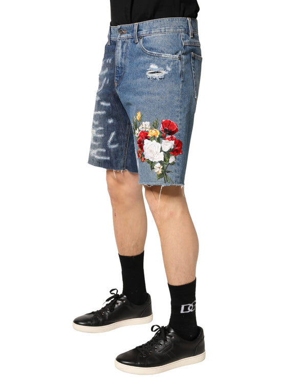 Blue Floral Embroidery Tattered Denim Shorts