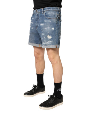 Blue Cotton Distressed Denim Bermuda Shorts