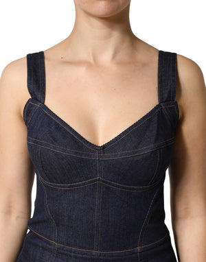 Dark Blue Cotton Denim Sheath Midi Dress