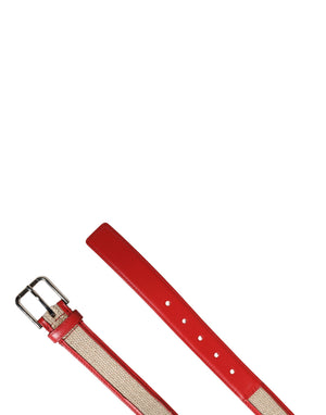 Men Beige Red Woven Leather Metal Buckle Belt
