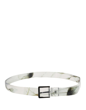 Men White Floral PVC Silver Metal Buckle Belt