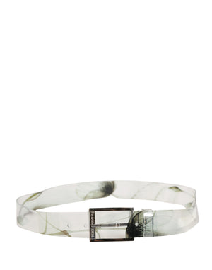 Men White Floral PVC Silver Metal Buckle Belt