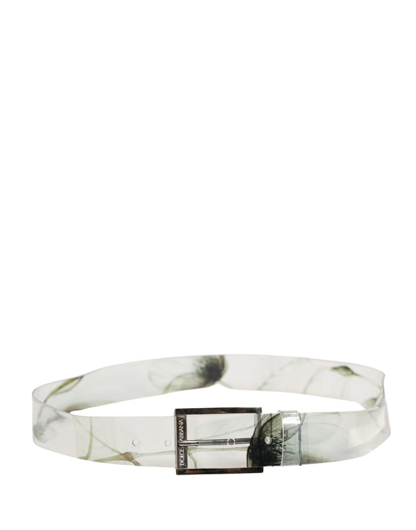 Men White Floral PVC Silver Metal Buckle Belt
