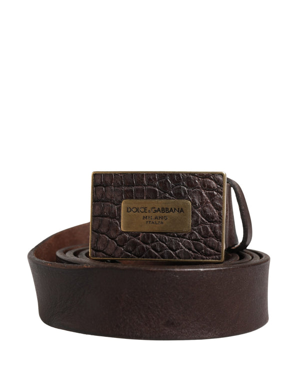 Men Brown Calf Leather Logo Metal Buckle Belt