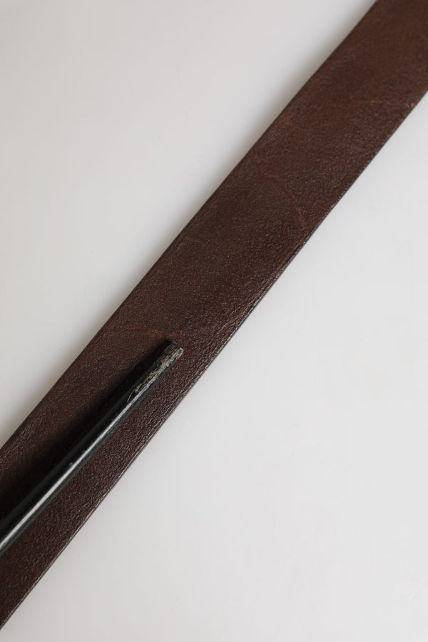 Men Brown Calf Leather Logo Metal Buckle Belt