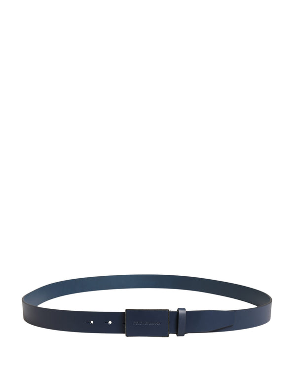 Men Blue Calf Leather Logo Metal Buckle Belt