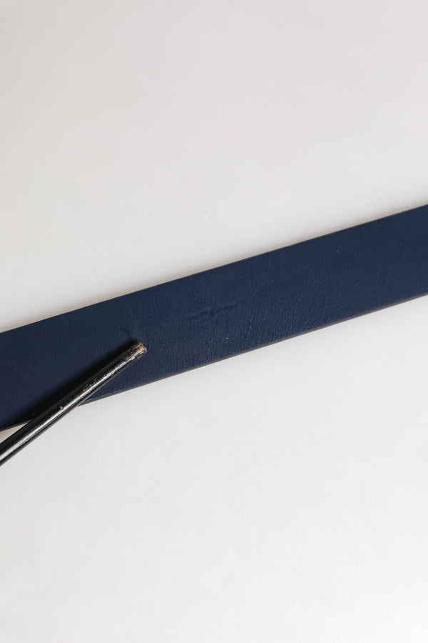 Men Blue Calf Leather Logo Metal Buckle Belt