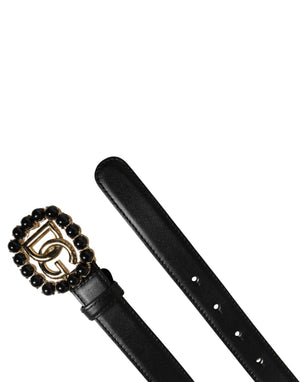 Black Leather DG Logo Embellished Buckle Belt
