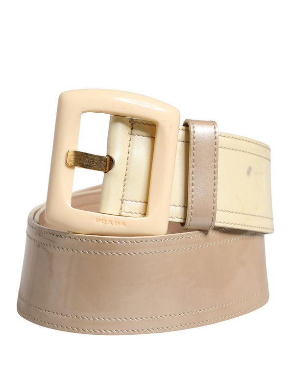 Beige Leather Logo Wide Waist Women Square Buckle Belt
