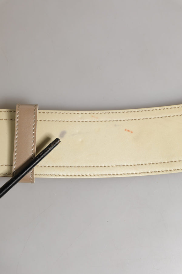 Beige Leather Logo Wide Waist Women Square Buckle Belt
