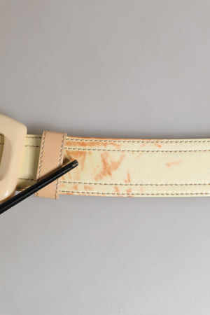 Beige Leather Logo Wide Waist Women Square Buckle Belt